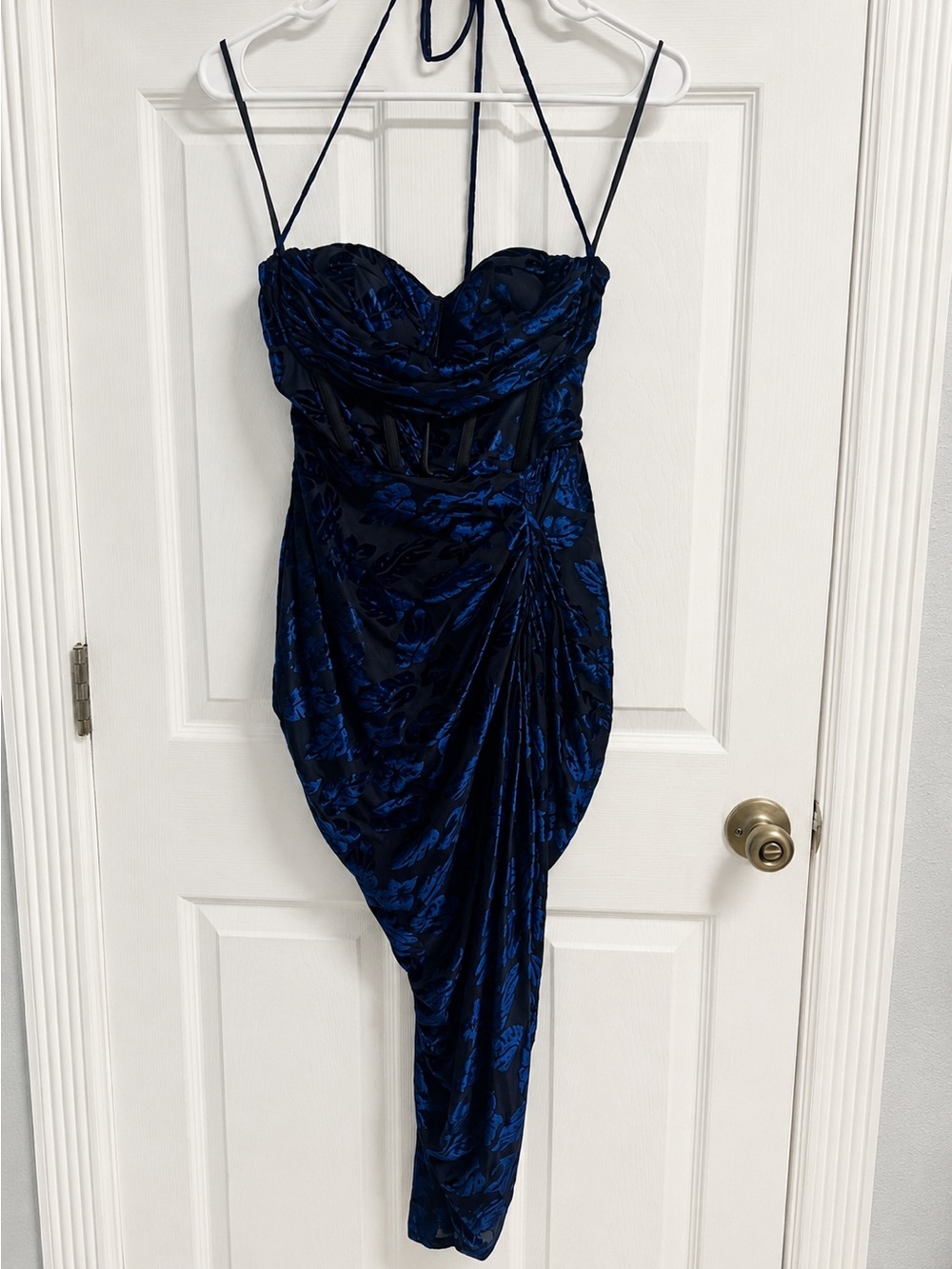 Fashion Nova Navy Blue Asymmetrical Draped Evening Dress